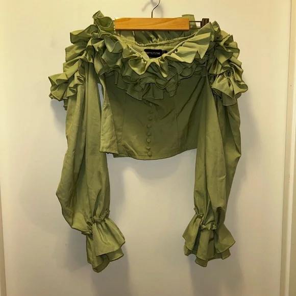 PrettyLittleThing Olive Ruffled Blouse - Picture 1 of 3